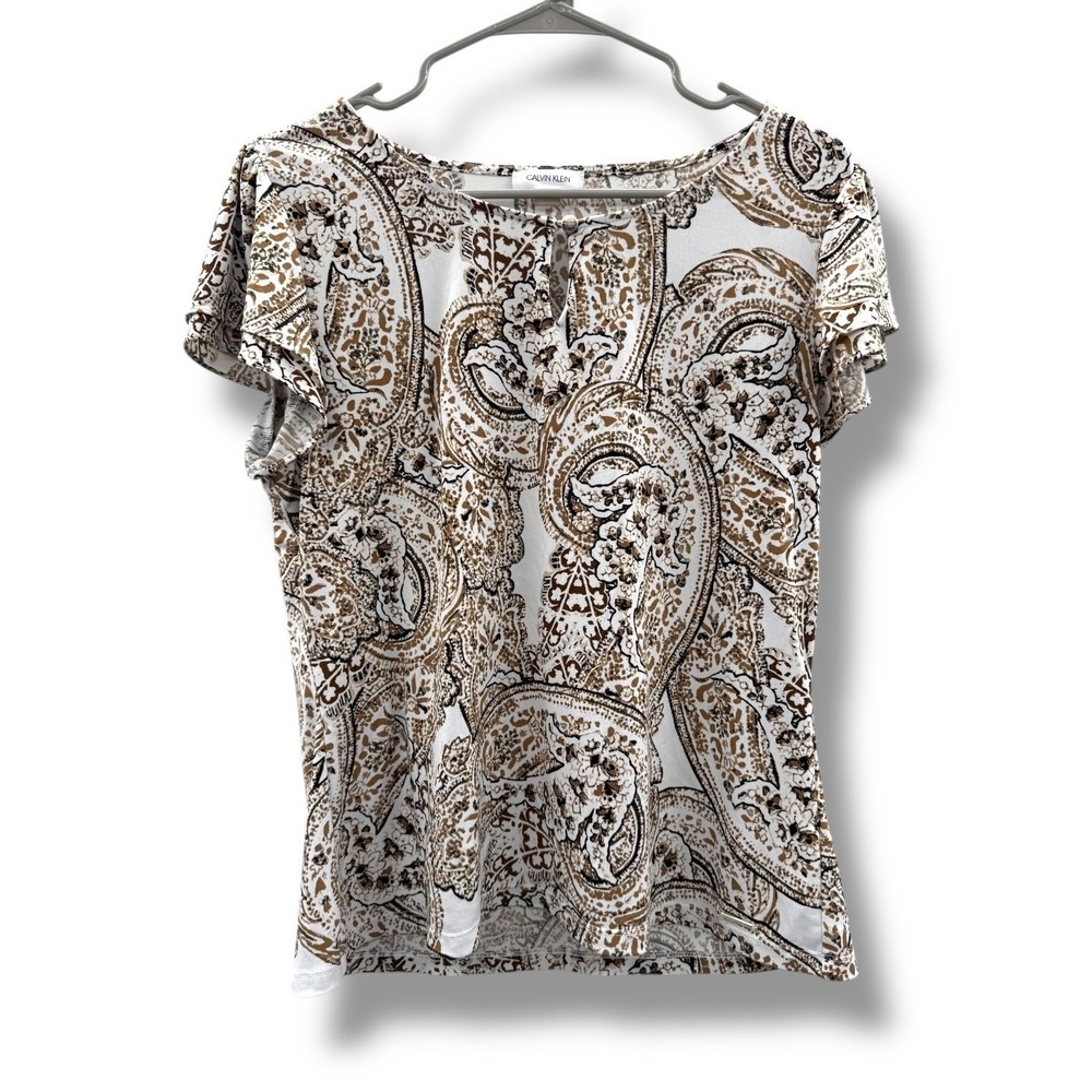 Calvin Klein Paisley Print Blouse Women's Medium Ruffle‎ Sleeve Lightweight Work